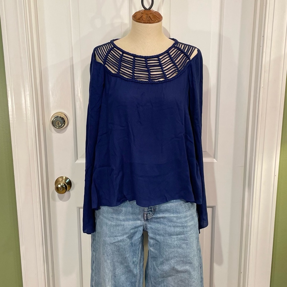 Blue Flowy Blouse With Lacey Neckline